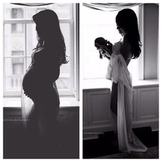 a pregnant woman standing in front of a window next to a window sill holding a bottle