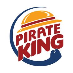 the pirate king logo is shown in red, white and blue with an orange hat on top