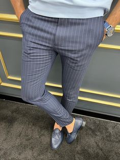 Collection : SPRING / SUMMER 22-23 💫Production : New season slim fit striped fabric trousers. Color : Dark blue Content: 65% viscon, 35% Pes, 5% elestan.Available size: 30 -31 - 32 - 33 - 34 - 36 - 38 Black Slim Fit Pants, Slim Fit Pants Men, Dark Blue Pants, Mens Business Casual Outfits, Mens Fashion Blazer, Post Grad, Stylish Mens Fashion, Pinstripe Pants, Blue Trousers