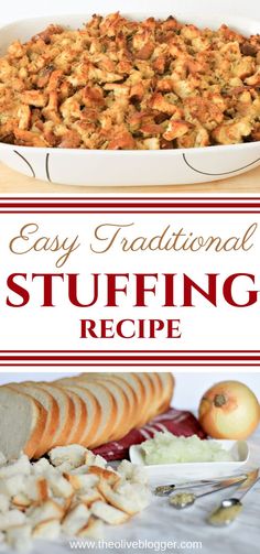 an easy traditional stuffing recipe in a casserole dish with apples and bread on the side