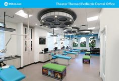 This photo shows a pediatric dental office with movie theater-themed décor within this pediatric dental design. This space comes with movie theater, Hollywood inspired décor. Pediatric Dental Office, Magical Transformation, Interactive Games, Theater Room