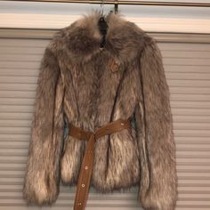 Faux Wolf Fur Coat With Leather Buckle Detail Coat. Never Worn Designer Fur Coat For Fall Formal Events, Formal Faux Fur Outerwear For Fall, Brown Winter Evening Outerwear, Luxury Brown Evening Outerwear, Leather Buckle, Helmut Lang, Leather Trims, Fur Coat, Jackets & Coats