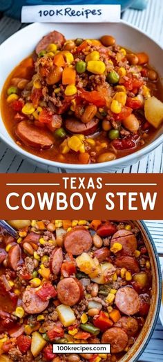 two pictures with the words texas cowboy stew in them