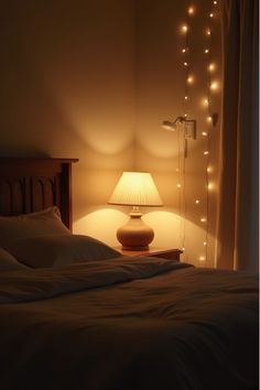 Bedroom lighting setup with multiple light sources creating warm ambiance