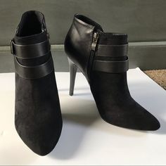 Nwt - Brand New Beautiful Black Suede Booties Formal Black Booties With Padded Ankle, Black Ankle Strap Booties For Fall, Chic Black Ankle Strap Booties, Black Pointed Toe Booties With Buckle Closure, Chic Black Booties With Buckle Closure, Black Chunky Boots, Red Ankle Boots, Call It Spring Shoes, Black Chunky Heels