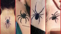 four different pictures of spider tattoo designs on the back of their neck and upper arm