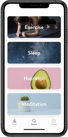 an iphone with the words exercise, sleep, nutrition, meditation and yoga on it