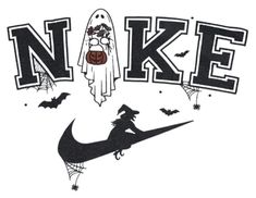 a black and white photo with the word nike on it's side, in front of an image of a ghost holding a pumpkin