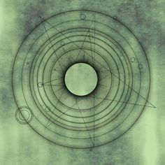 an abstract drawing with lines and circles in the center, on a green paper background