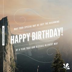 a birthday card with the words happy birthday on it and mountains in the back ground