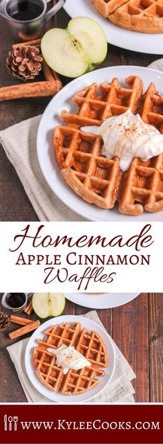 homemade apple cinnamon waffles on a white plate