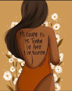 the back of a woman's body with words written on her chest and flowers in the background