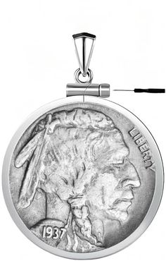 an image of a silver buffalo coin on a white background with a black cord attached to it