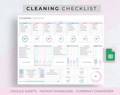 the cleaning checklist is displayed on top of a pink and white background with an image of