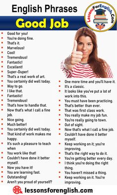 an english phrases poster with the words'good job'in front of it and a woman pointing her finger up