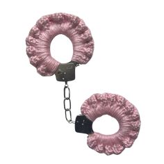 two pink rings with chains attached to them on a white background, one is being held up by a metal hook