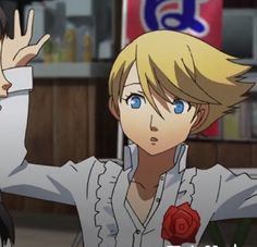 an anime character with blonde hair and blue eyes is holding his hands up in the air