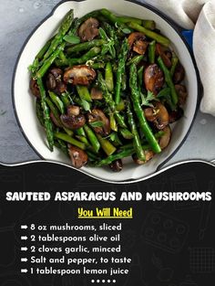 a bowl filled with asparagus and mushrooms on top of a table next to a napkin