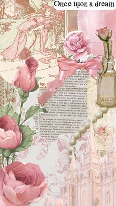 a collage with pink roses and an old fashioned bottle