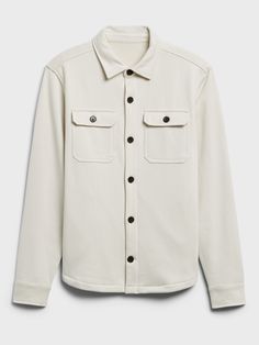 French Terry Shirt Jacket | Banana Republic Cotton Long Sleeve Shacket With Button Cuffs, Cotton Shacket With Button Cuffs, Cotton Outerwear With Buttons For Casual Gatherings, Casual Long Sleeve Outerwear With Buttons, Cotton Outerwear With Button Cuffs For Layering, Cotton Shacket For Everyday Winter Use, White Cotton Button-up Shacket, Cotton Outerwear With Button Closure For Layering, Cotton Button-up Shacket For Layering