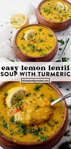 two bowls filled with soup and topped with lemon