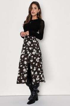 Black Floral Print Skirt - High-Rise Skirt - A-Line Midi Skirt - Lulus Mid Length Skirt Outfit, Cute Church Outfits, Vintage Style 70s, Floral Skirt Outfits, Lulu Skirt, Main Character Energy, Black Floral Skirt, White Floral Skirt, Floral Print Midi Skirt