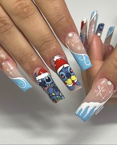 Disney Christmas Nails, Disney Acrylic Nails, Lilo Et Stitch, Nail Art Disney, Disney Nails, Short Acrylic Nails, Long Acrylic Nails