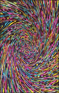 an abstract painting with colorful lines and dots in the shape of a spiral, on black background