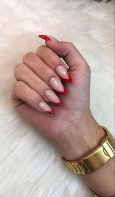 Fancy Red Nail Designs, Sparkly Red French Tip Nails Almond, Red Tip Stiletto Nails, Almond Nails Red Tip, Red Tip Nails Almond, Red Tip Almond Nails, Almond Nails Designs Red, Red Nails Acrylic Almond, Red Stiletto Nails Designs