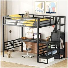 bunk bed with desk underneath and stairs to the top, in a child's room