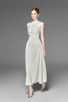 Elegant A-line Dress With Folds, Elegant A-line Maxi Dress With Fitted Bodice, Formal A-line Dress With Folds, Elegant Asymmetrical A-line Wedding Dress, Elegant A-line Dresses With Pleated Waist, Ruched A-line Midi Dress For Cocktail, Chic A-line Ruched Dress, Elegant Sleeveless A-line Dress For Formal Occasions, Elegant Sleeveless Midi Dress For Banquet