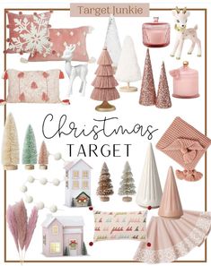 christmas target with pink and white decorations, trees, candles, pillows, gifts and other items