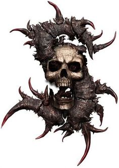 a skull with horns on it's head and two skulls in the middle of it