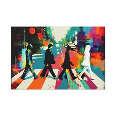 a painting of people crossing the street in front of a crosswalk with cars and buses