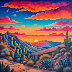 a painting of a desert landscape with cactus trees and mountains in the background at sunset