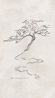 an ink drawing of a tree in the middle of water with waves coming from it