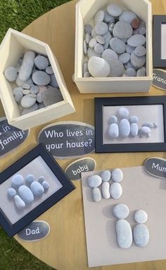 some rocks are sitting on top of a table and there is a card that says who lives in your house?