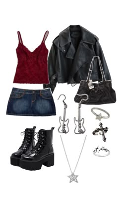 Alex Warren Concert Outfit, Downtown Rockstar Aesthetic, Soft Rock Concert Outfit, Rock Stars Girlfriend Outfits, Rock Star Outfits For Women, Rock Girlfriend Outfit, Rock Girl Aesthetic Outfits, Black And Red Concert Outfits, Rock Star Gf Outfits