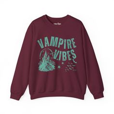 Eddy and Rita Women's Heavy Crewneck Sweatshirt - "Vampire Vibes" Halloween Graphic Pullover Punk Halloween Sweatshirt With Letter Print, Gothic Letter Print Tops For Fall, Gothic Halloween Graphic Sweatshirt, Vampire Vibes, Crisp Autumn, Halloween Graphic, Autumn Night, Cozy Night, Halloween Looks