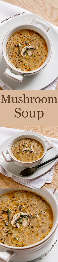 two bowls of mushroom soup sitting on top of a wooden table next to each other