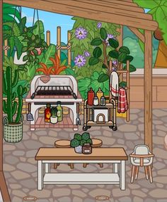 an animated image of a living room with plants and potted plants on the table