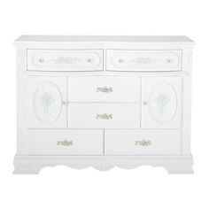 a white dresser with drawers and knobs on the front, in an ornate design