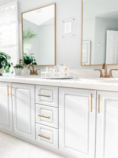 a bathroom with two sinks, mirrors and plants on the counter top in front of it