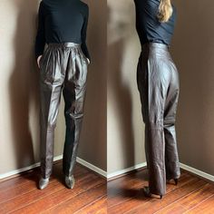 "Gorgeous vintage trousers by West Bay from the 80s/90s. Dark brown color. Tapered leg, high rise, pleated waist, pockets. Not a \"glove\" soft, but beautiful quality (top grain) genuine leather. Fully lined, very well made. Excellent vintage condition, no odor. DETAILS: Brand: West Bay  Fabric: 100% Top grain leather Lining:  100% Acetate Size: Marked as size US 8 (see measurements, dress form is US 4)  Excellent vintage condition MEASUREMENTS:   Waist: 26\" /66cm Front Rise: 13.25\"/34cm Back West Bay, Vintage Trousers, Pleated Trousers, Dark Brown Color, Dress Form, Top Grain Leather, Tapered Legs, Trousers Women, Brown Color