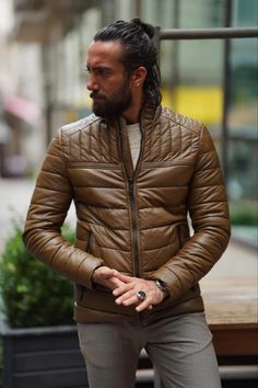 Thread Slim Fit Brown Faux Leather Jacket | BOJONI Puffer Jacket Outfit Men, Faux Leather Puffer Jacket, Puffer Jacket Outfit, Brown Faux Leather Jacket, Leather Puffer Jacket, Brown Suit, Leather Puffer, Suit Material, Exclusive Shoes