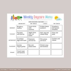 a printable menu for the weekly baby's daycare menu, with an image of