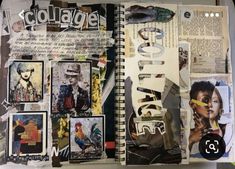 an open book with many pictures and words on the pages that are collaged together