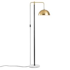 a floor lamp with a white base and a gold colored shade on the light bulb