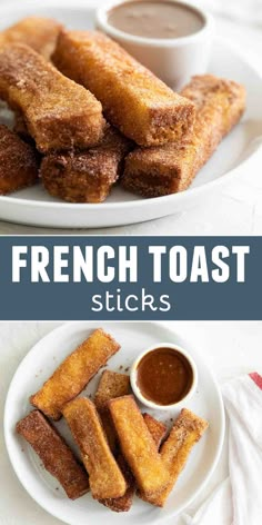 french toast sticks on a white plate with dipping sauce in the middle and two plates full of them