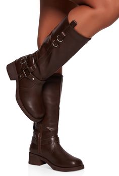 Mid Calf Boot, Round Toe, Block Heel, Low Heel: 1-2 inches, Buckles, Zippers, Solid, Faux Leather, Item Number 1116062091009 Rainbow Shop, Boots Brown, Leather Buckle, Mid Calf Boots, Moto Boots, Boot Shoes Women, Item Number, Low Heels, Mid Calf